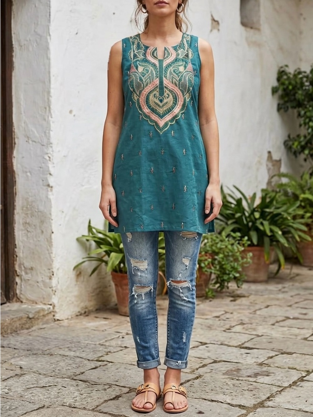 Teal Embroidered Sleeveless Tunic/Kurta Dress
